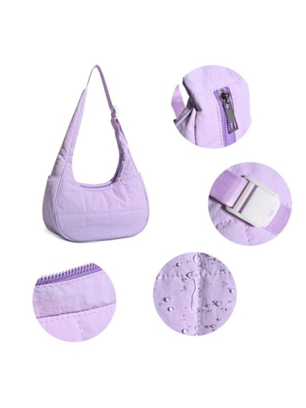 Quilted Nylon Crescent Hobo Shoulder Bag Women's Waterproof Purse - Picture 5 of 5